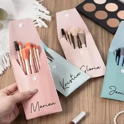 Customized 8 - Piece Makeup Brush Set with Personalized Bag - Ideal Bridesmaid, Wedding, or Bridal Shower Gift - White Text (Blue)