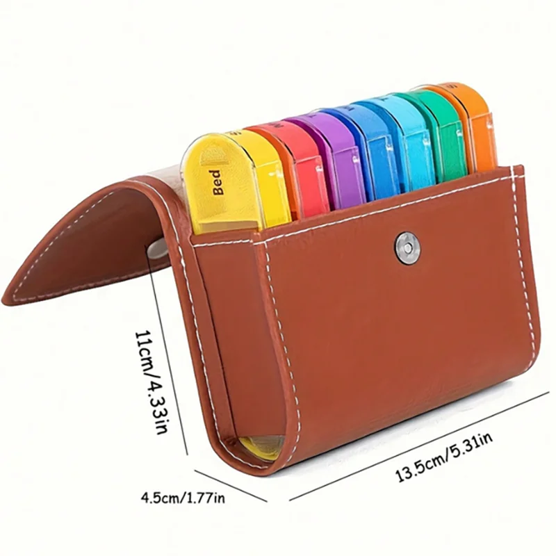 Weekly Pill Organizer Box Case Travel Medication Reminder Daily AM PM, Day Night 7 Compartments in Leather Carrying Case