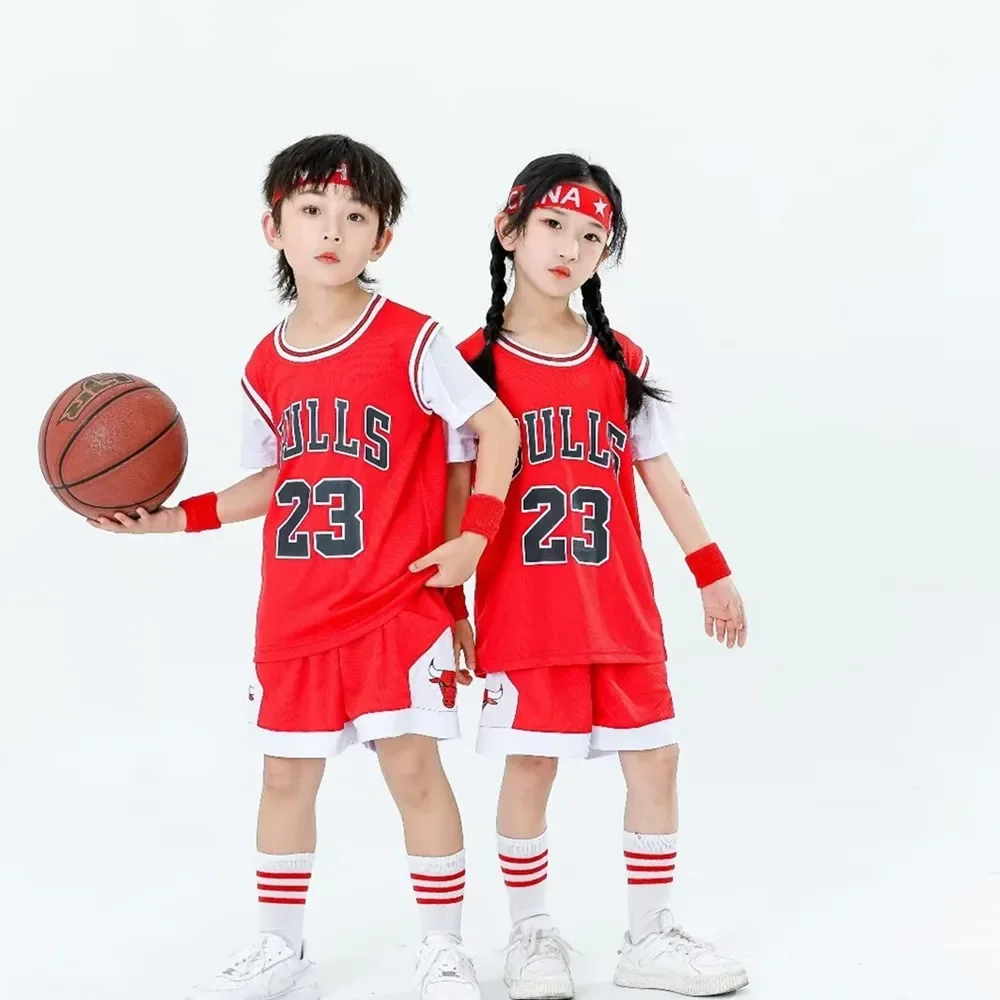 Children's clothing suit Bulls boys girls Basketball Jerseys Fake two-piece uniform kit primary school training
