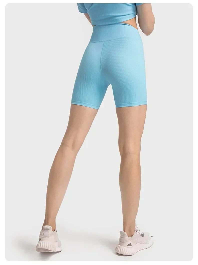 Lemon Women Yoga Fitness Shorts Ribbed Fabric Cross High Waist Gym Shorts Workout Running Gym Tights Sporty Shorts