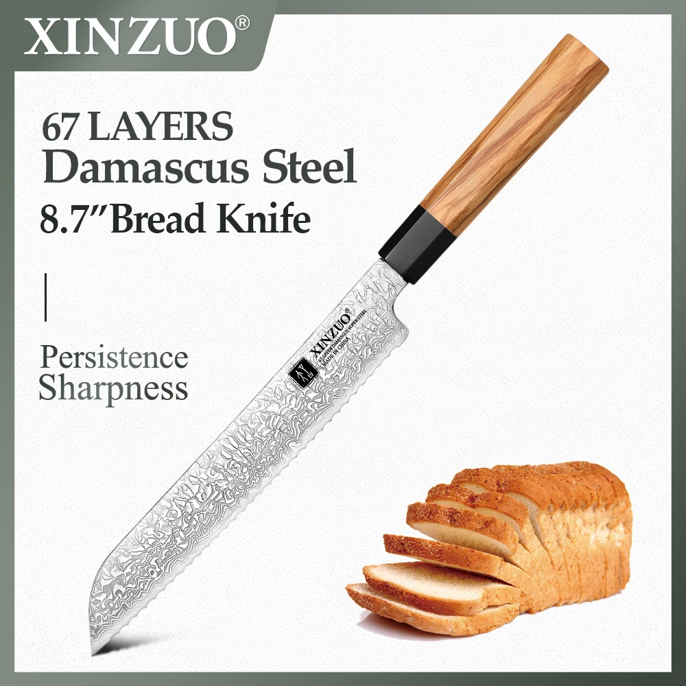 

Нож для хлеба XINZUO 8,7 дюйма, инструмент для выпечки, ручка из дамасской стали для хлеба и конфет 10Cr1 5CoMov, ручка из оливковой стали