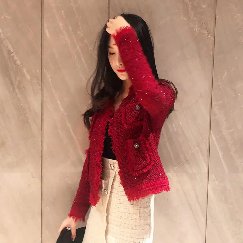 Women Vintage Tweed Jacket 2023 Korean Fashion Tassel Long Sleeve Outwear Luxury Ladies V-Neck Open Stitch Cardigans Coat S-2XL