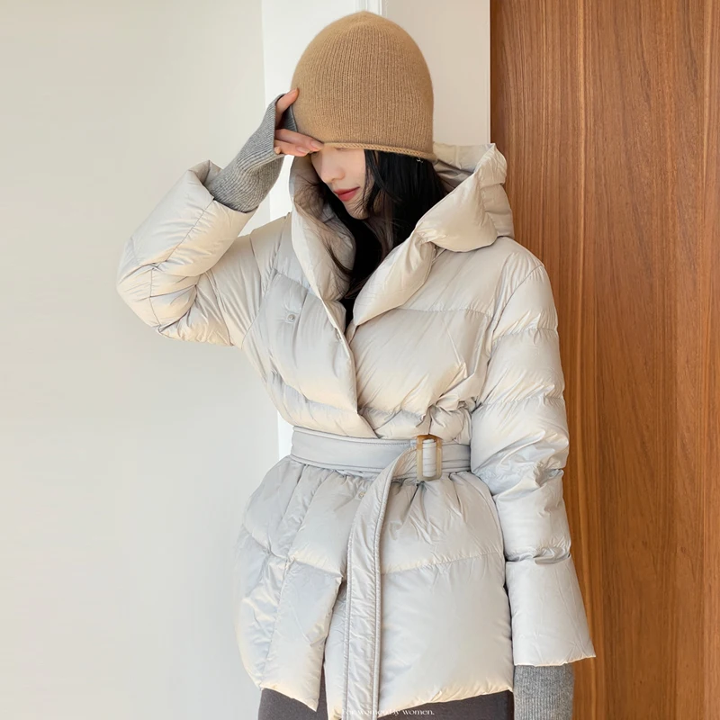 Winter Hooded Women Belt puffer jackets Thick warm Luxury Fluffy 90% white duck down coat 2023 New Female Outwear INKEO 2O371