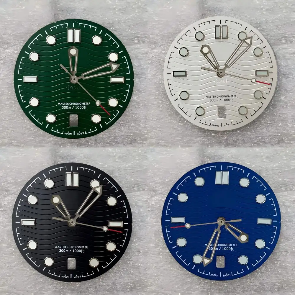 Kit de cadran et aiguilles de montre 31mm NH35, logo S, finition mate ondulée, date unique, luminescence verte, aiguilles squelette, pièces de modification pour montres de plongée. 1