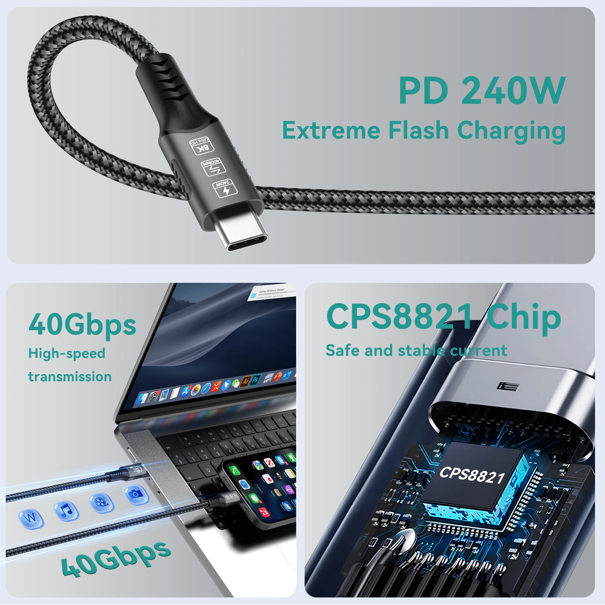 USB4 V2 USB C To USB C Cable | Thunderbolt 5/4/3 Compatible | Type C Charger For MacBook And IPhone | 240W Fast Charging | 80Gbps Data Transfer | 16k/ 8k
