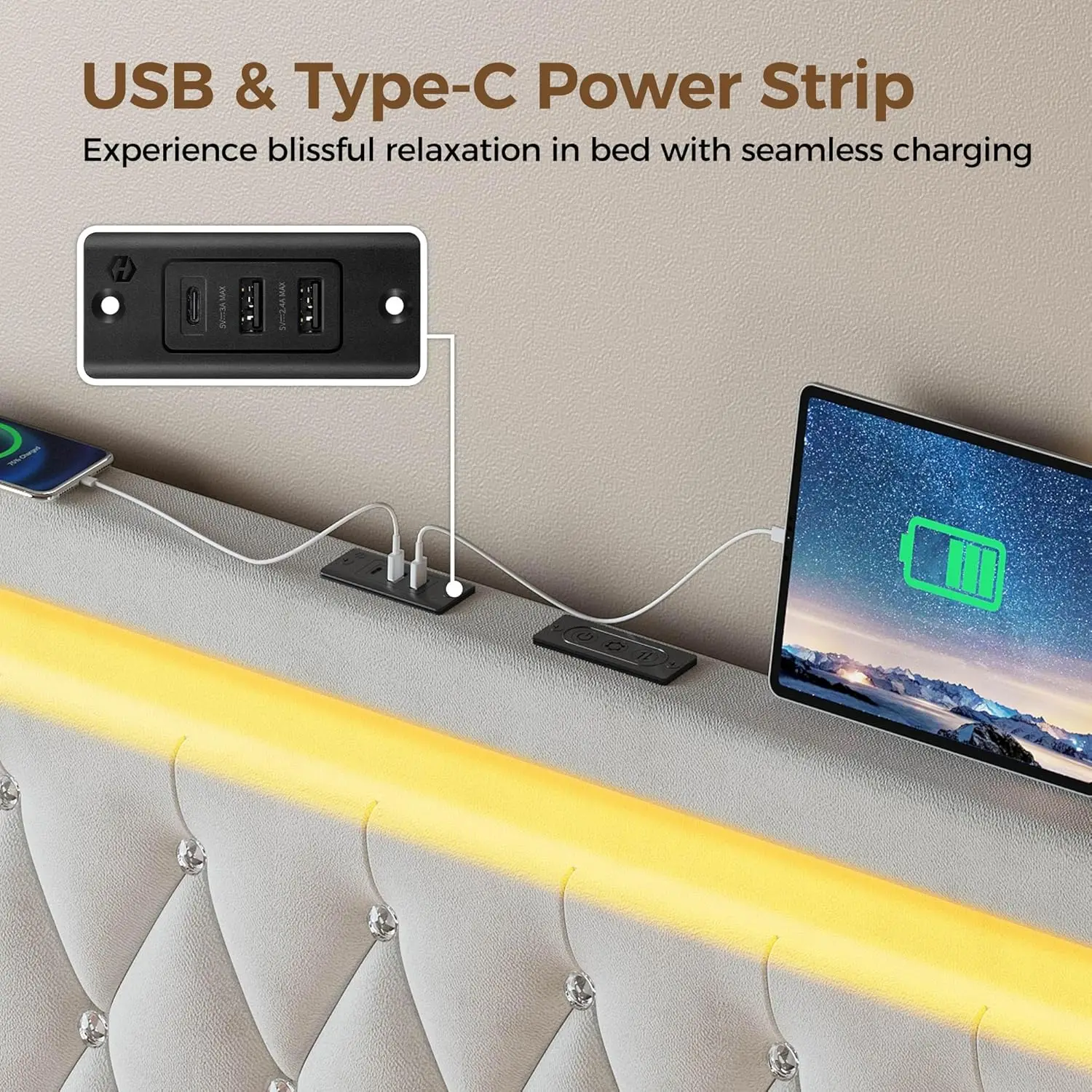 Queen Bed Frame with LED Light and Charging Station, Upholstered High Headboard and Footboard, Wood Slats, Noise Free 4