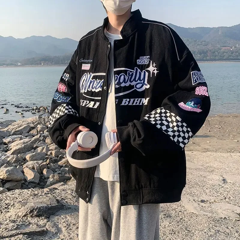 

Varsity Jacket Men Embroidery Vintage Motorcycle Y2k Hip Hop Women Bomber Harajuku Autumn Coat Casual Loose Outerwear