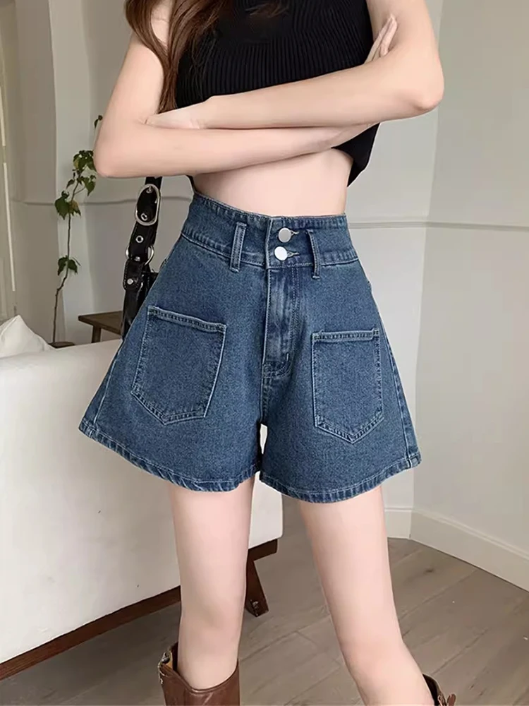 New Women Summer Denim Shorts Fashion High Waist A-Line Plus Size Shorts Simplicity Casual Basic Blue Denim Shorts