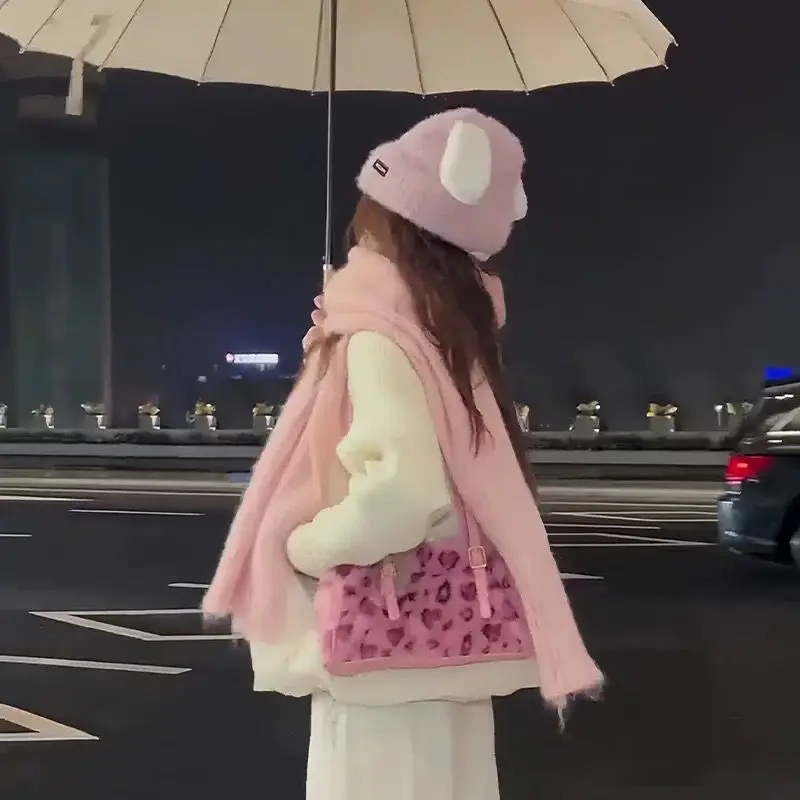 JIAERDI Leopard Print Pink Handbag Women Autumn Winter New Plush Soft Y2k Shoulder Bags Female Sweet Cool Purse Bolsos De Mujer