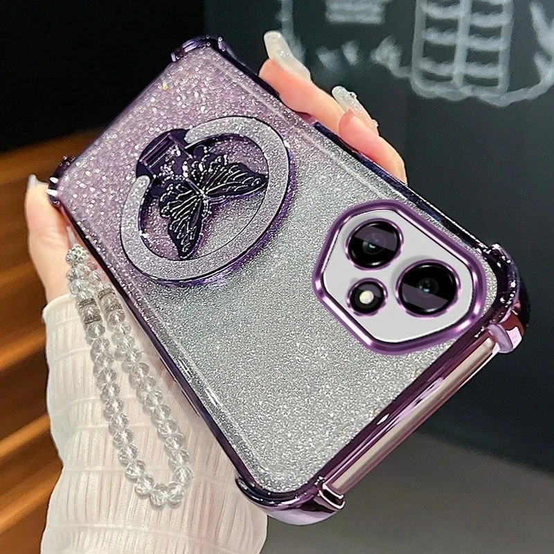 Butterfly Holder Lanyard Chain Plating Shockproof Silicone Stand Case