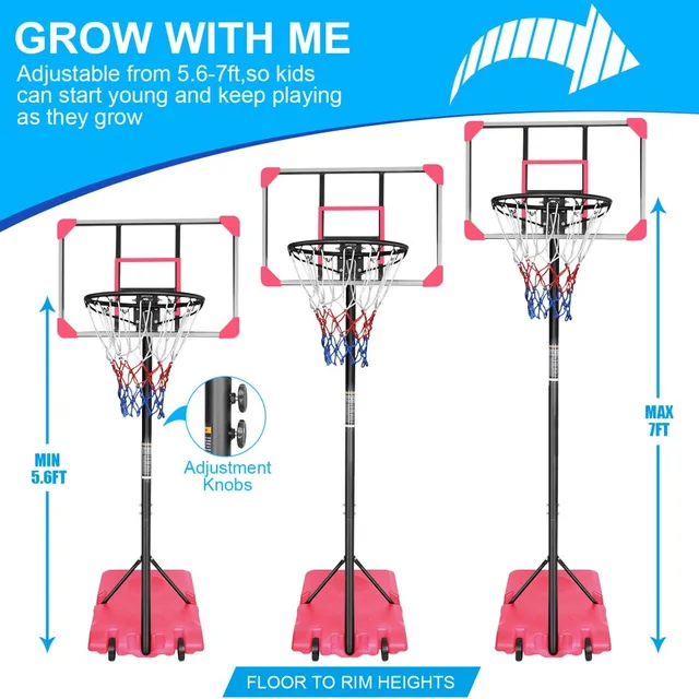 20059-08852a.jpg Portable Basketball Goal System with Stable Base and Wheels, use for Indoor Outdoor teenagers youth height adjustable 5.6 to 7ft Basketball Hoop 28 Inch Backboard