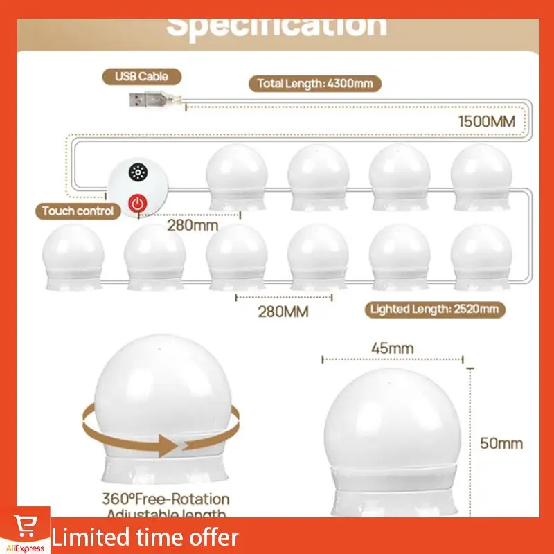 LED Vanity Lights For Mirror USB Vanity Lights With 10 Dimmable Bulbs Adjustable 3 Color Makeup Mirror Might Bulb