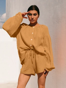 Marthaiqiqi Cotton Summer Women Pajamas Suit Long Sleeve Nightgowns O-Neck Nightwear Shorts Casual Ladies Sleepwear 2 Piece Set