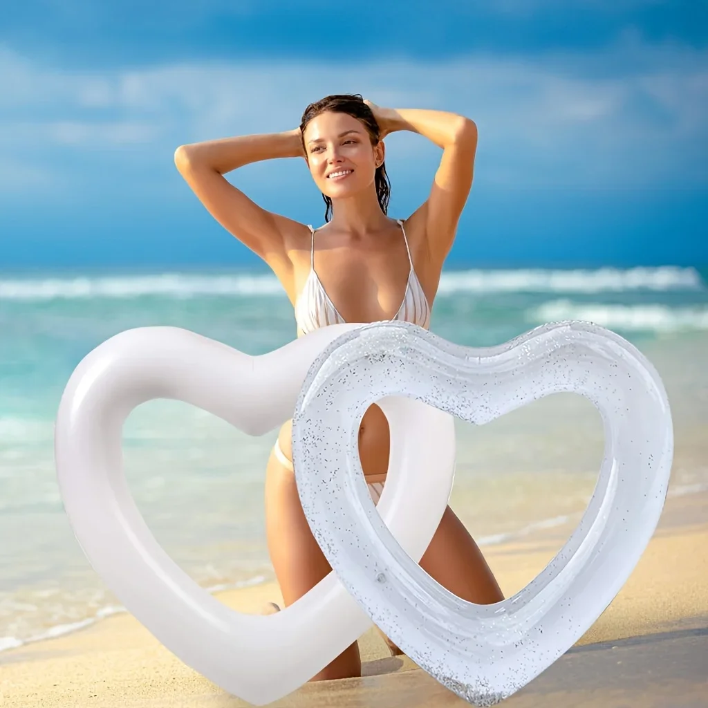White Swimming Ring, Heart Shaped Sequin Swimming Ring Extra Large, Suitable for Pool Party, Leisure Water Toys