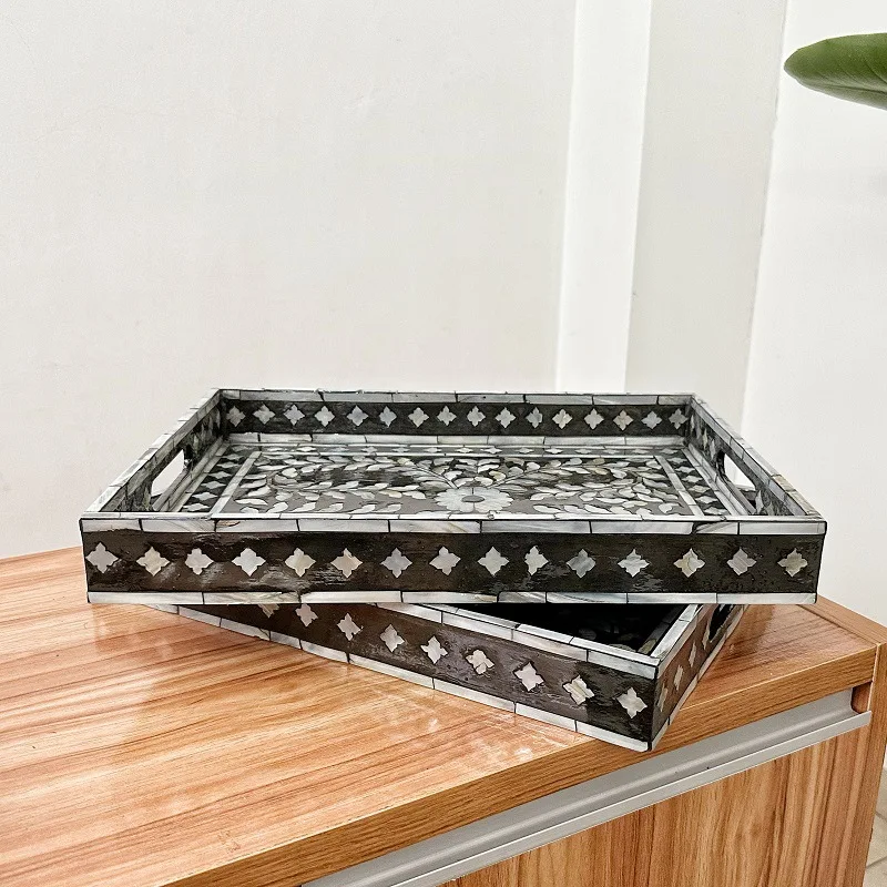 Creative Black Colorful Shell Tray Rectangular Mother-of-pearl Storage Tray Home Living Room Organizer Porch Decoration Ornament
