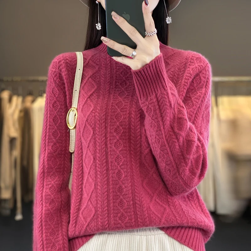 2023 Autumn and Winter New Women\'s Sweater 100% Wool Cashmere Sweater Half High Collar Knitted Pullover Fashion Soft Women\'s Top