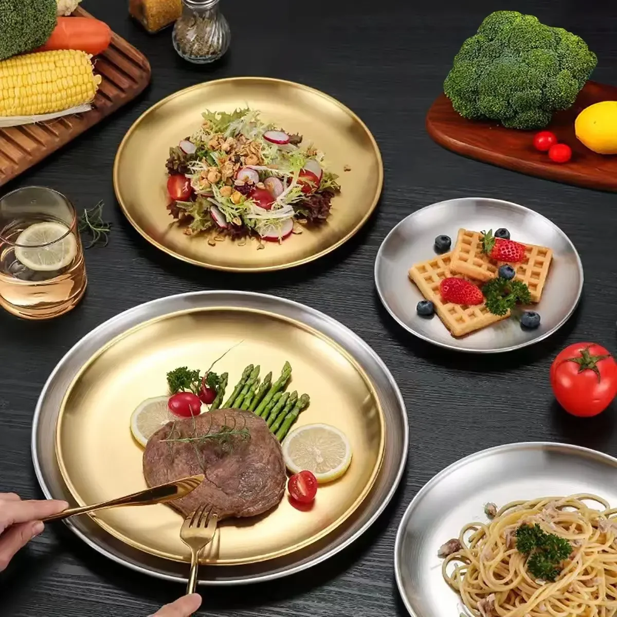4Pcs Stainless Steel Bone Spitting Dish Gold Silver Shallow Tray Round Plate Metal Dining Disc Dessert Tableware