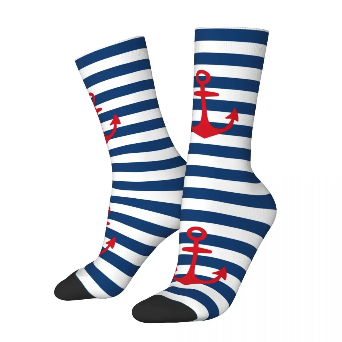 

Red Anchor On Navy Blue Stripes Socks Men Women Funny Happy Socks Hip Hop Spring Summer Autumn Winter Socks Gift