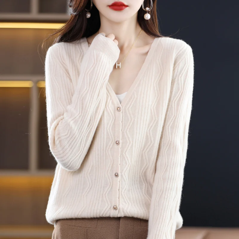 

Women's Cardigan Loose Sweater Spring Autumn/Winter 100% Pure Wool Sweater Knitted Jacket Female V-Neck Casual Basic Shirt