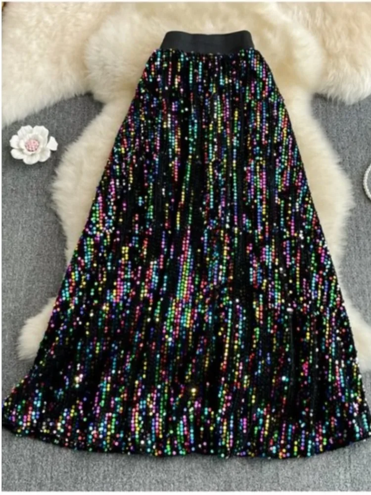 

Shiny Colorful Sequins Maxi Skirt Women Autumn 2023 New Fashion Korean Chic Long Skirts High Waist Party Evening A Line Faldas