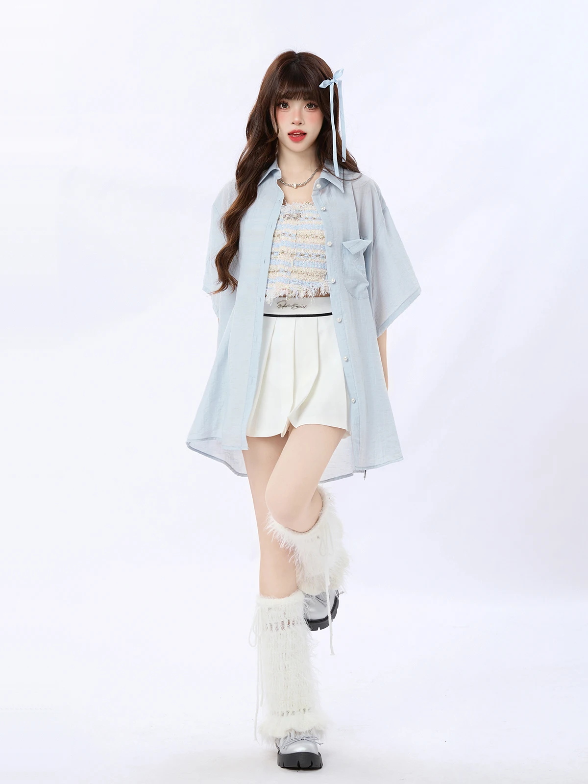 2024 Summer New Sweet Cute Bow Hollow Long Sleeve Shirt Fashion All-Match Elegant Casual Sun-Proof Pink Girl Blouse Women Tops