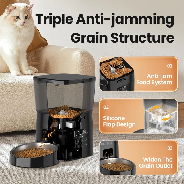 ROJECO Automatic Cat Feeder Pet Smart Cat Food Kibble Dispenser Button Version Smart Control Auto Feeder For Cat Dog Accessories 3