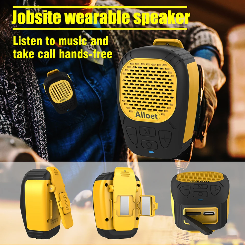 Altoparlante Bluetooth indossabile, altoparlante portatile a clip con microfoni integrati, musica in vivavoce e chiamate per escursionismo/ ciclismo, piccolo altoparlante con luce LED, durata della