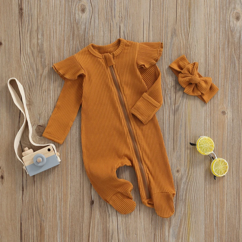 Newborn Baby Girl Solid Color  Footies Rompers Long Sleeve Ruffled Zipper Jumpsuit Playsuit Winter Clothes images - 6