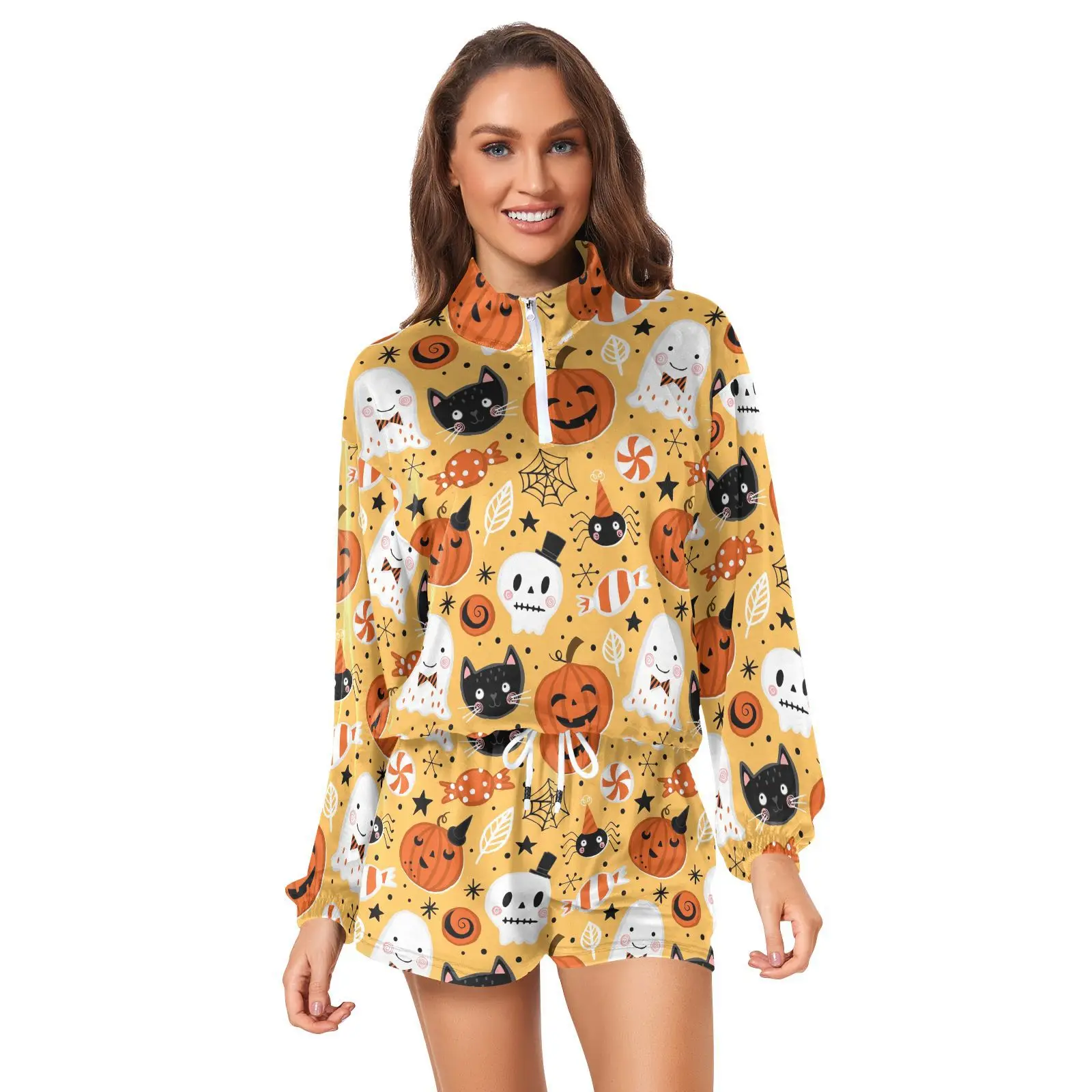 

2023 Fashion Sporty Sweatsuits Ladies Two-piece Halloween printing Zippered Cropped Hoodie and Shorts Suit Sportswear for Women