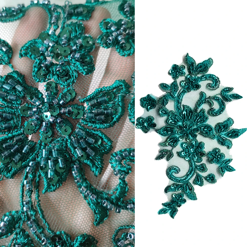 

1 Pair Dark Green Beaded Applique Flower Patch Sew On Wedding Dress Accessories Sequin Fabric For Clothing
