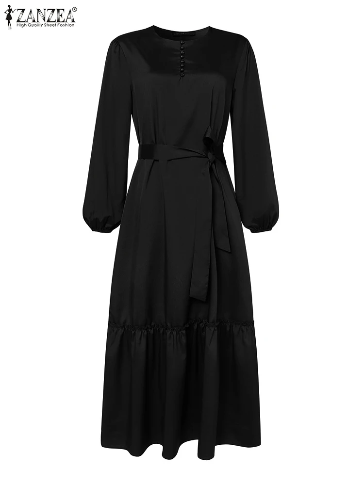 ZANZEA Fashion Ruffles Hem Muslim Dress Woman Long Sleeve Solid Color Maxi Robe Elegant Turkey Hijab Dresses Islamic Clothing