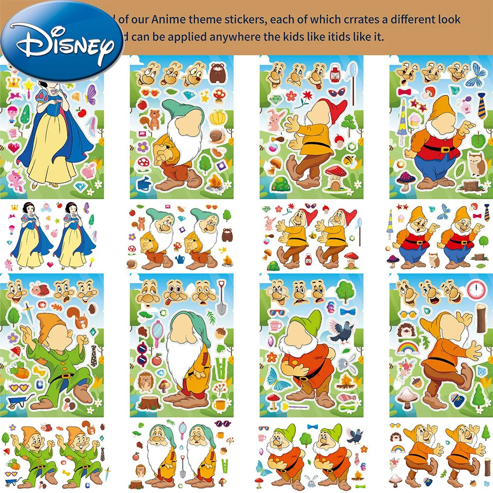 

8/16sheets Disney Movie Snow White and the Seven Dwarfs Make a Face Puzzle Stickers Kid Assemble Jigsaw DIY Game Decals Toy Gift