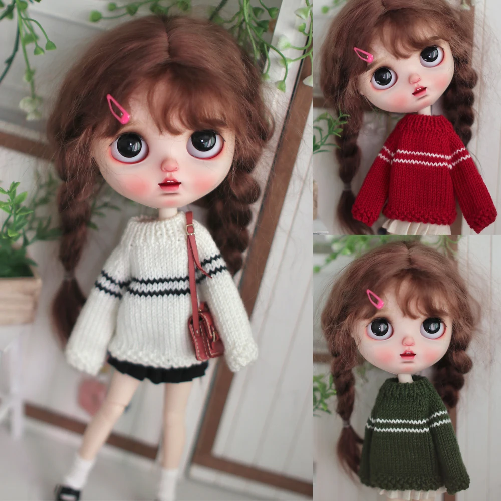 

H02-A048 children handmade toy 1/6 ob24 azone blyth doll clothes white handmade crochet college style sweater 1pcs