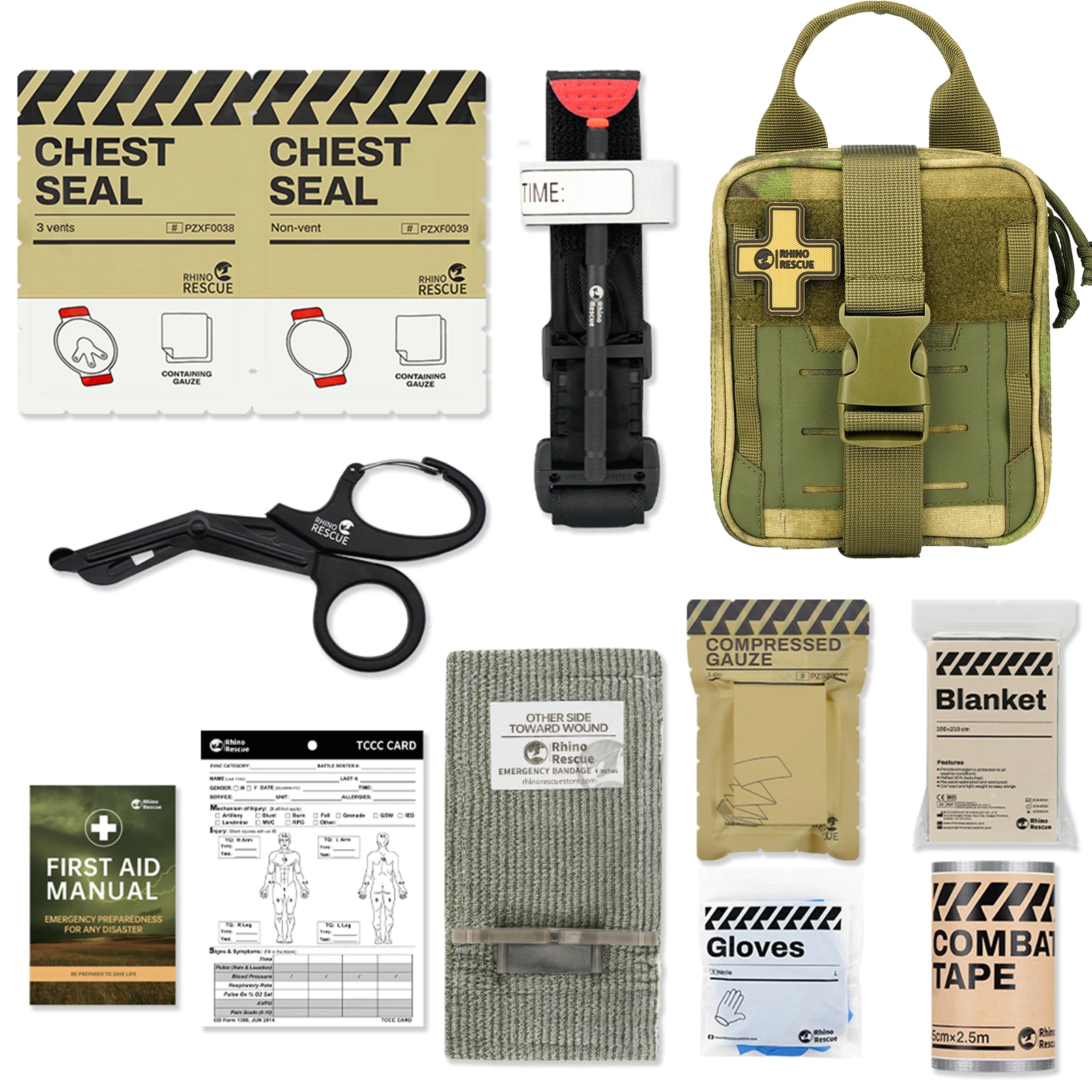 RHINO RESCUE Tactical Survival Trauma Kit with Metal Tourniquet and First Aid Supplies