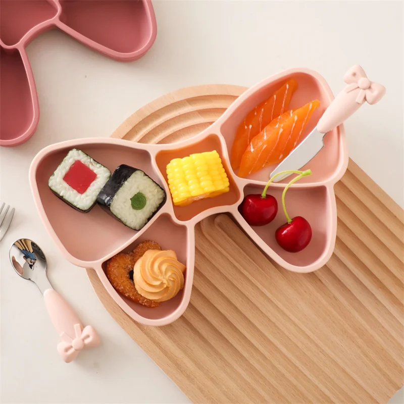 Baby Silicone Dining Plate Bowknot BPA Free Silicone Feeding Training Plate Bowl Kids Cartoon Little Bear Children Tableware 4
