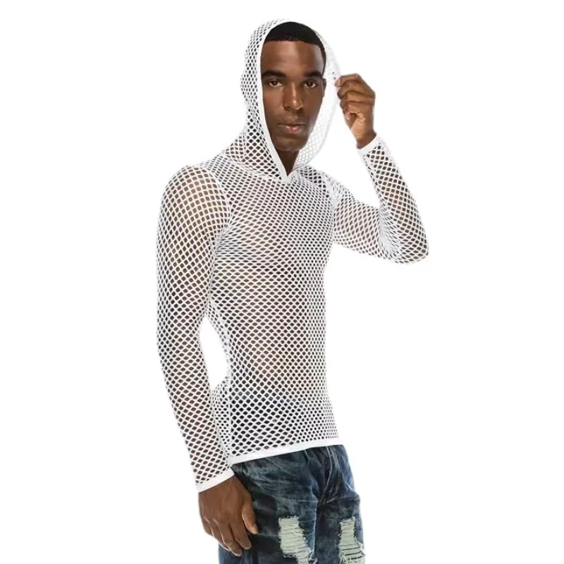 

Men's Hooded Vest Clothing Men's Long Sleeved Pullover with Large Mesh Sexy Home
