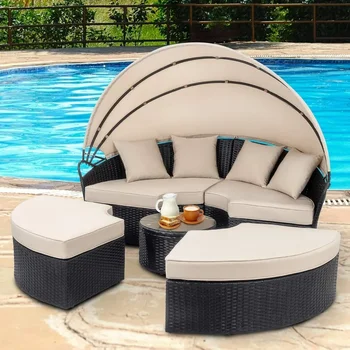 Round Daybed with Retractable Canopy & Wicker Sectional Sofa Set 1