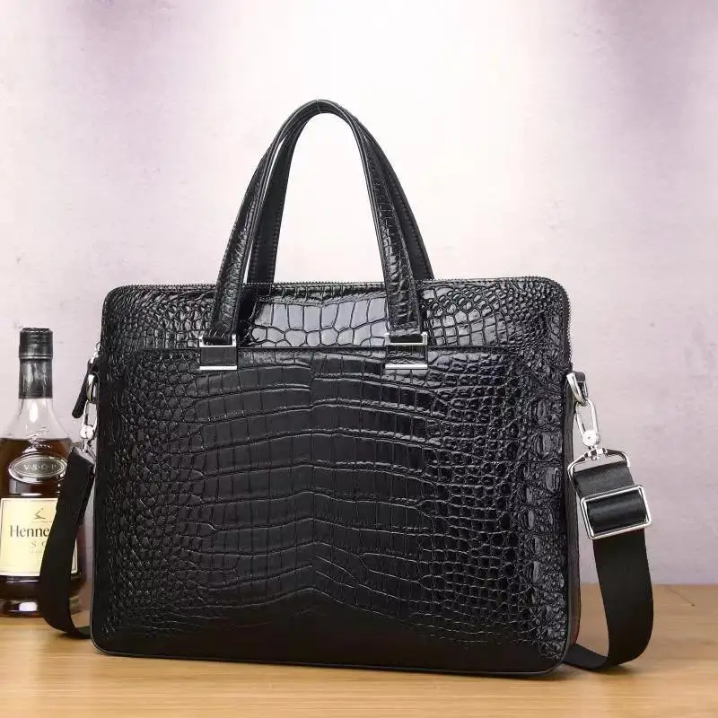 Men's Leather Briefcases for 14 Laptop Croco Pattern Cowhide Leather Man Handbags Business Totes Big Shoulder Bags