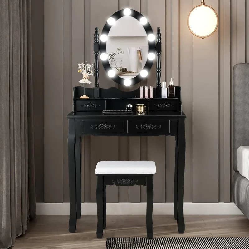 

Giantex Vanity Table Set with Oval Mirror and 4 Drawers, Wood Makeup Dressing Table with Cushioned Stool,Top Removable Writing