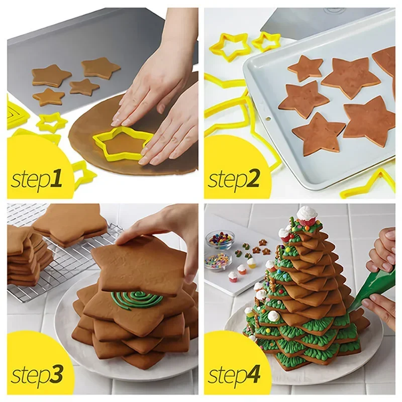 6pcs/ Set Christmas Tree Cookie Cutter Mold Xmas Plastic DIY 3D New Year Biscuits Gingerbread Maker Stamp Baking  Accessories