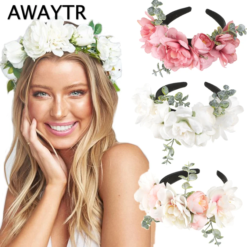 AWAYTR Flower Headbands Bridal Hair Ornaments Rose Floral Hairbands for Women Bezel Hair Bands Spring Wedding Garlands Crown