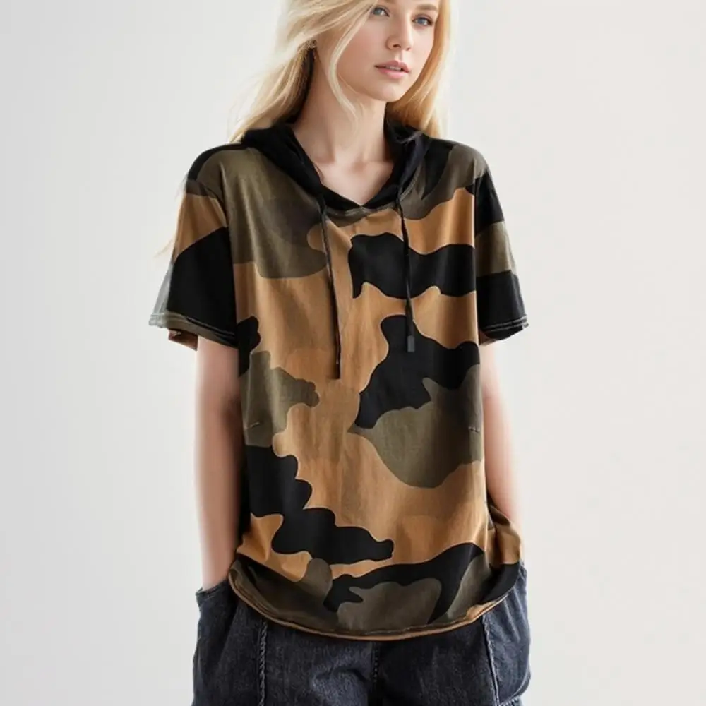 

Dimanaf 2024 T-Shirt Women Tops Hat Loose Cotton Camouflage Summer Short Sleeve Tees O-Neck Shirt 4XL