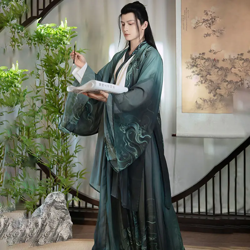 

Dark green Hanfu traditional Chinese style printed embroidery Wei and Jin dynasties elegant cool handsome men's clothing