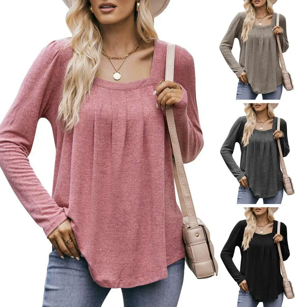

Women T-shirts Square Neck Pleated Flowy Loose Hem Long Sleeve Solid Color Pullover Casual T-shirts for women ropa de mujer