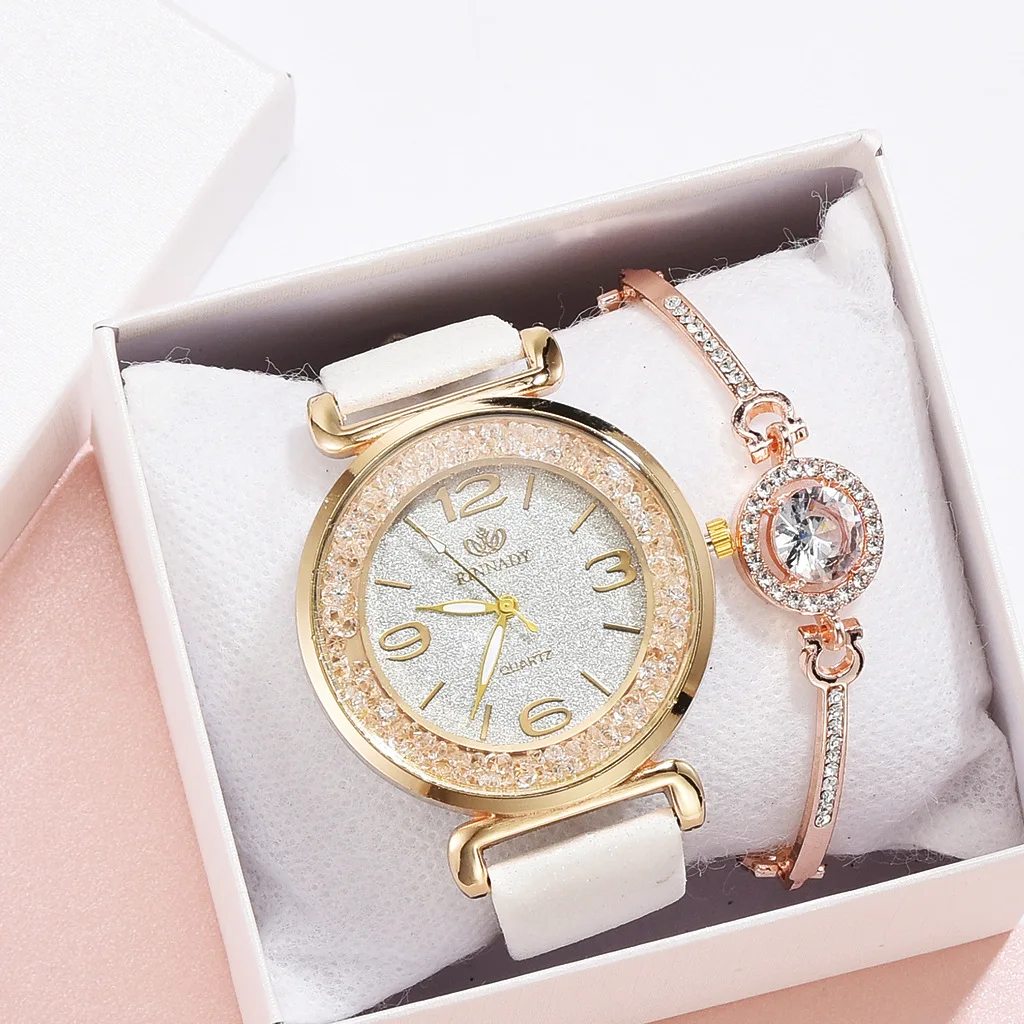

New Fashion Watch Set Simple Pu Strap Watch with Bracelet Two-piece Watch for Ladies Reloj Completo De Diamantes Para Niñas