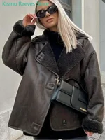 Chic Single Breasted Lapel Fleece Leather Jacket Women Long Sleeved With Pocket Warm Coat 2024 New Autumn Winter Thick Outerwear 1