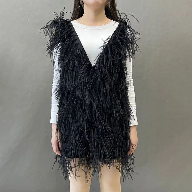 Women's Summer Feather Dress 2023 New Arrivals V Neck Ostrich Feather Mini  Dresses Backless Vests S5408