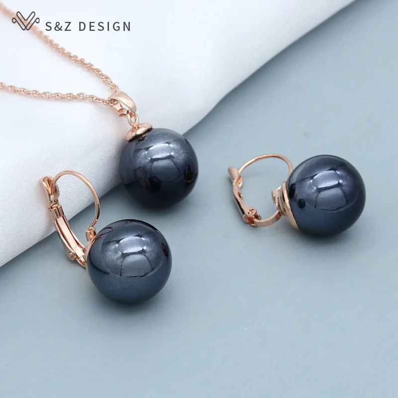 S&Z DESIGN New Fashion Round Simulated Pearl Dangle Earrings Jewelry Sets For Women Wedding 585 Rose Gold Color Necklace