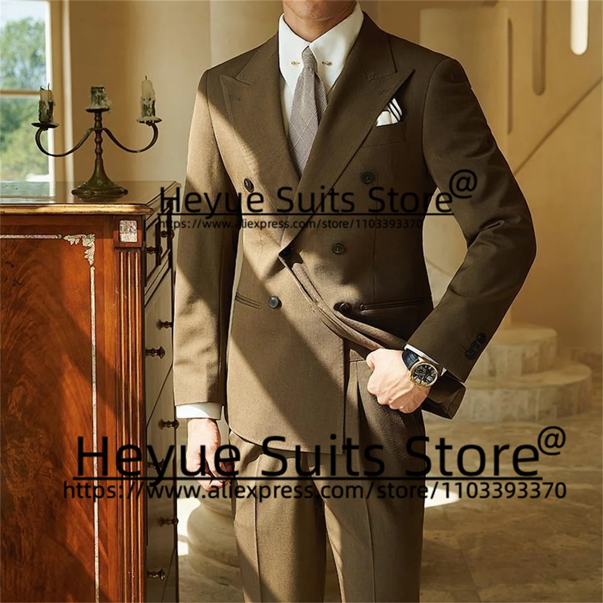 Gray Double-breasted Wedding Suits For Men Slim Fit Peak Lapel Groom Formal Tuxedos 2Pcs Sets Business Male Blazer Costume Homme
