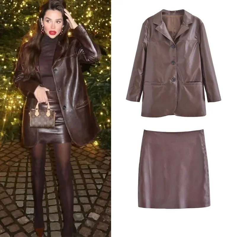 

TRAF Leather Mini Skirts Sets Jackets Women Sexy Slim Aesthetic Skirt Woman Fashion Korean Short Skirt Female Pretty New Skirt